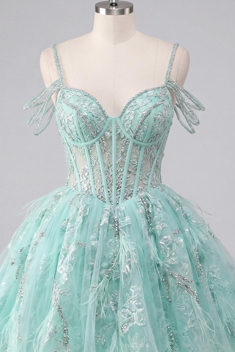 Sparkly Mint Cold Shoulder Floral Corset Short A Line Beaded Homecoming Dress
