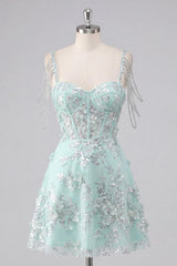 Sparkly Mint Floral Short A Line Corset Cold Shoulder Beaded Homecoming Dress