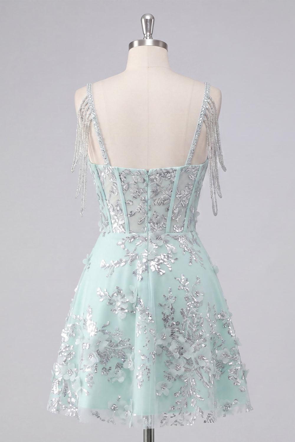 Sparkly Mint Floral Short A Line Corset Cold Shoulder Beaded Homecoming Dress