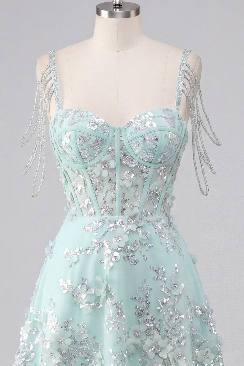 Sparkly Mint Floral Short A Line Corset Cold Shoulder Beaded Homecoming Dress