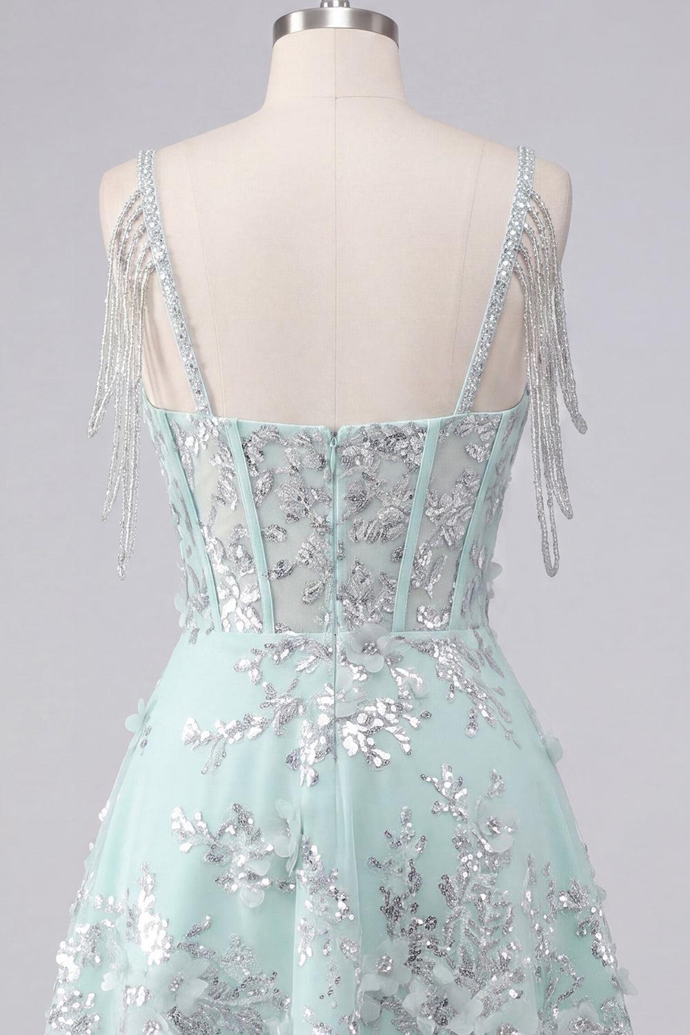 Sparkly Mint Floral Short A Line Corset Cold Shoulder Beaded Homecoming Dress