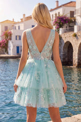 Sparkly Mint Short A Line V-Neck Floral Beaded Homecoming Dress with Ruffles