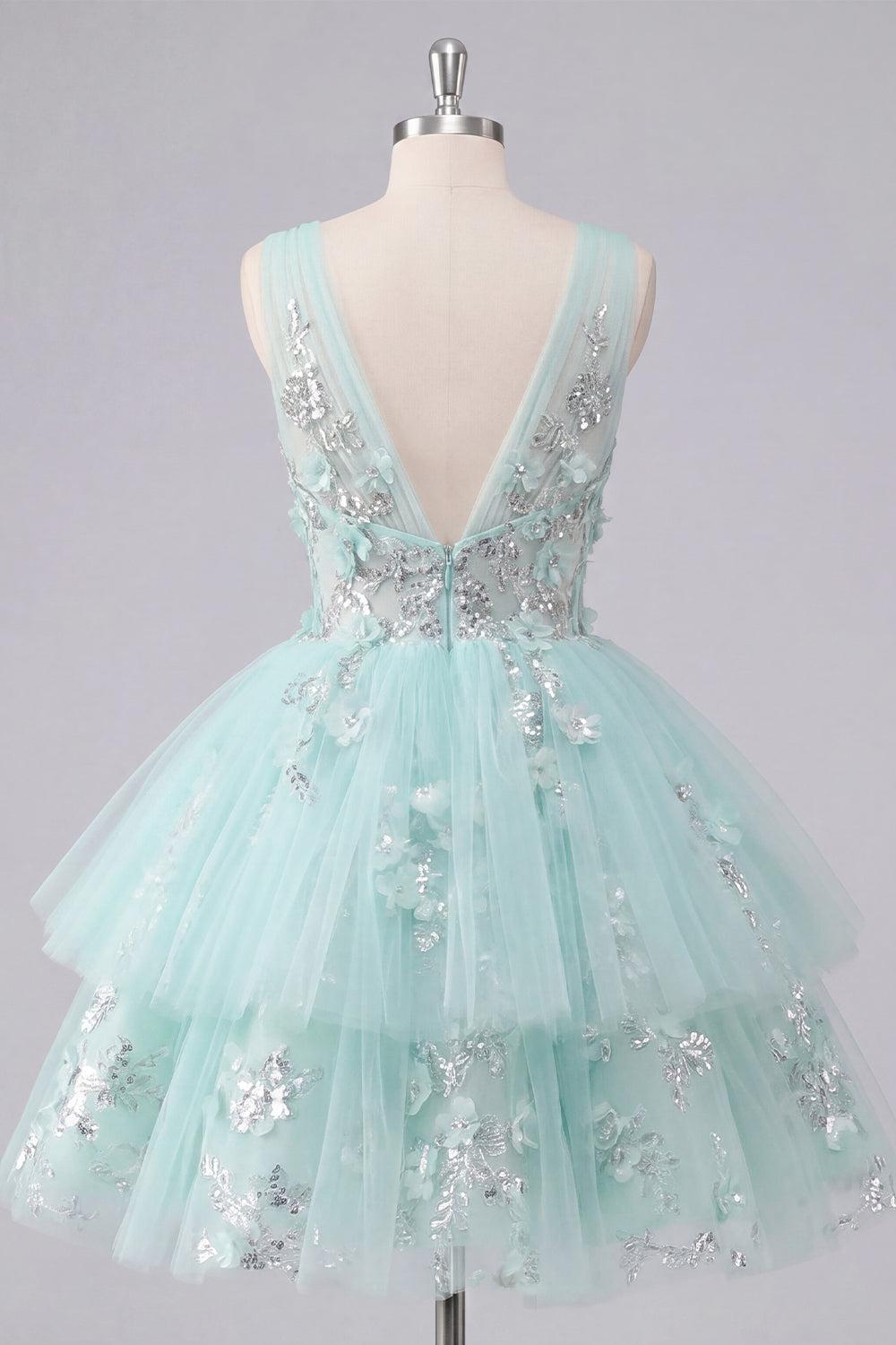 Sparkly Mint Short A Line V-Neck Floral Beaded Homecoming Dress with Ruffles