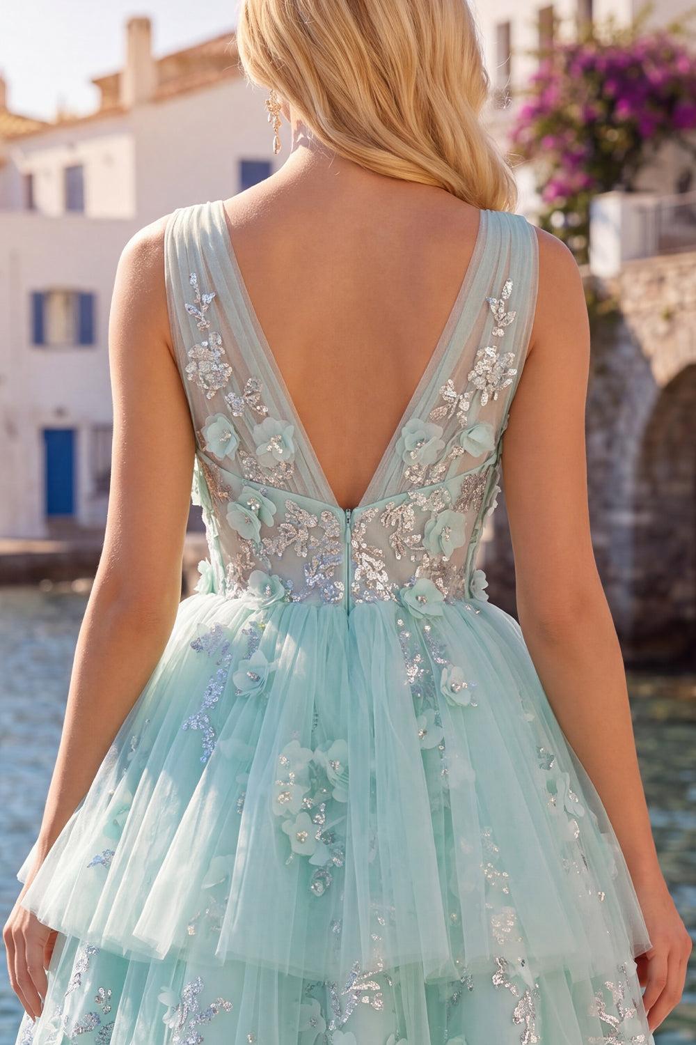 Sparkly Mint Short A Line V-Neck Floral Beaded Homecoming Dress with Ruffles