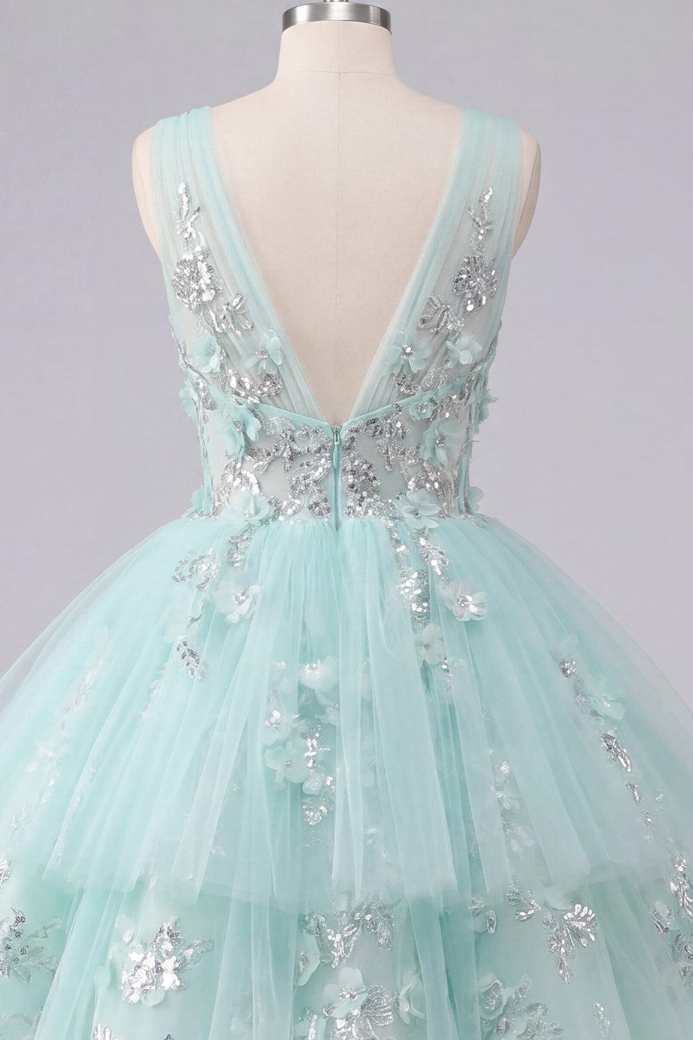 Sparkly Mint Short A Line V-Neck Floral Beaded Homecoming Dress with Ruffles