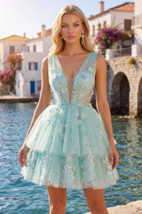 Sparkly Mint Short A Line V-Neck Floral Beaded Homecoming Dress with Ruffles