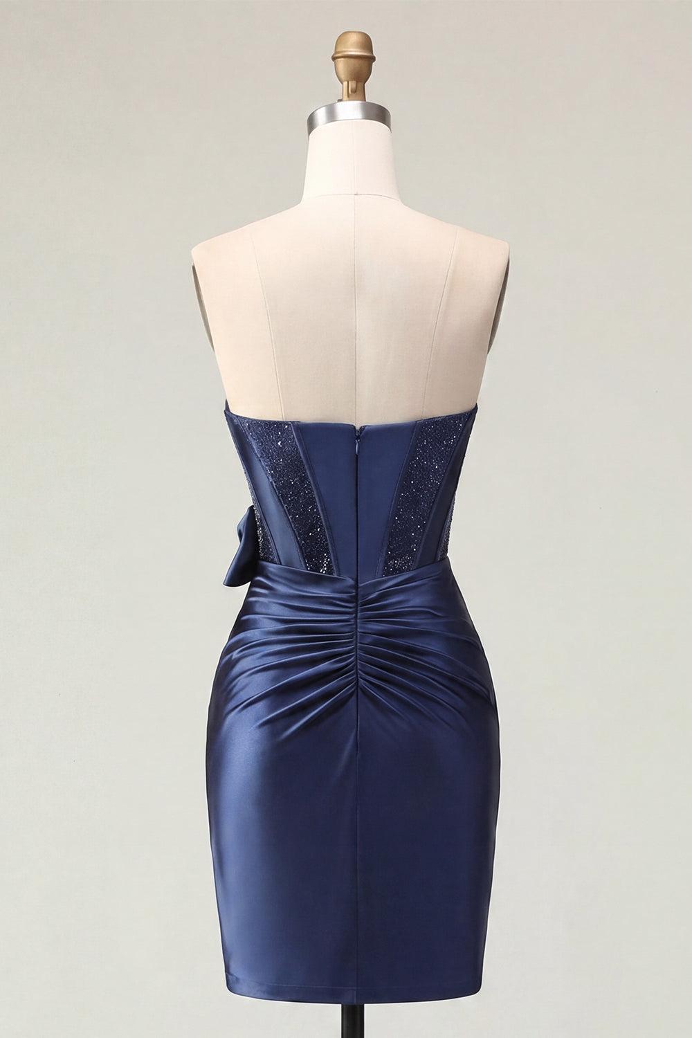 Sparkly Navy Basque Waist Beaded Corset Tight Short Homecoming Dress with Bow