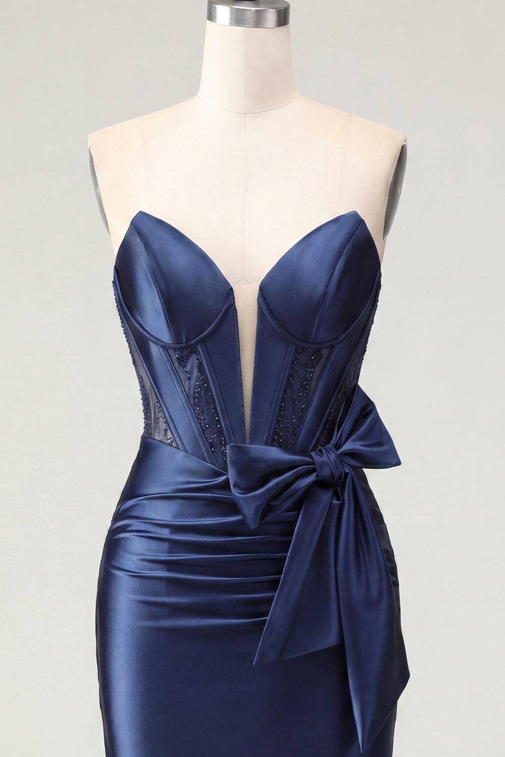 Sparkly Navy Basque Waist Beaded Corset Tight Short Homecoming Dress with Bow