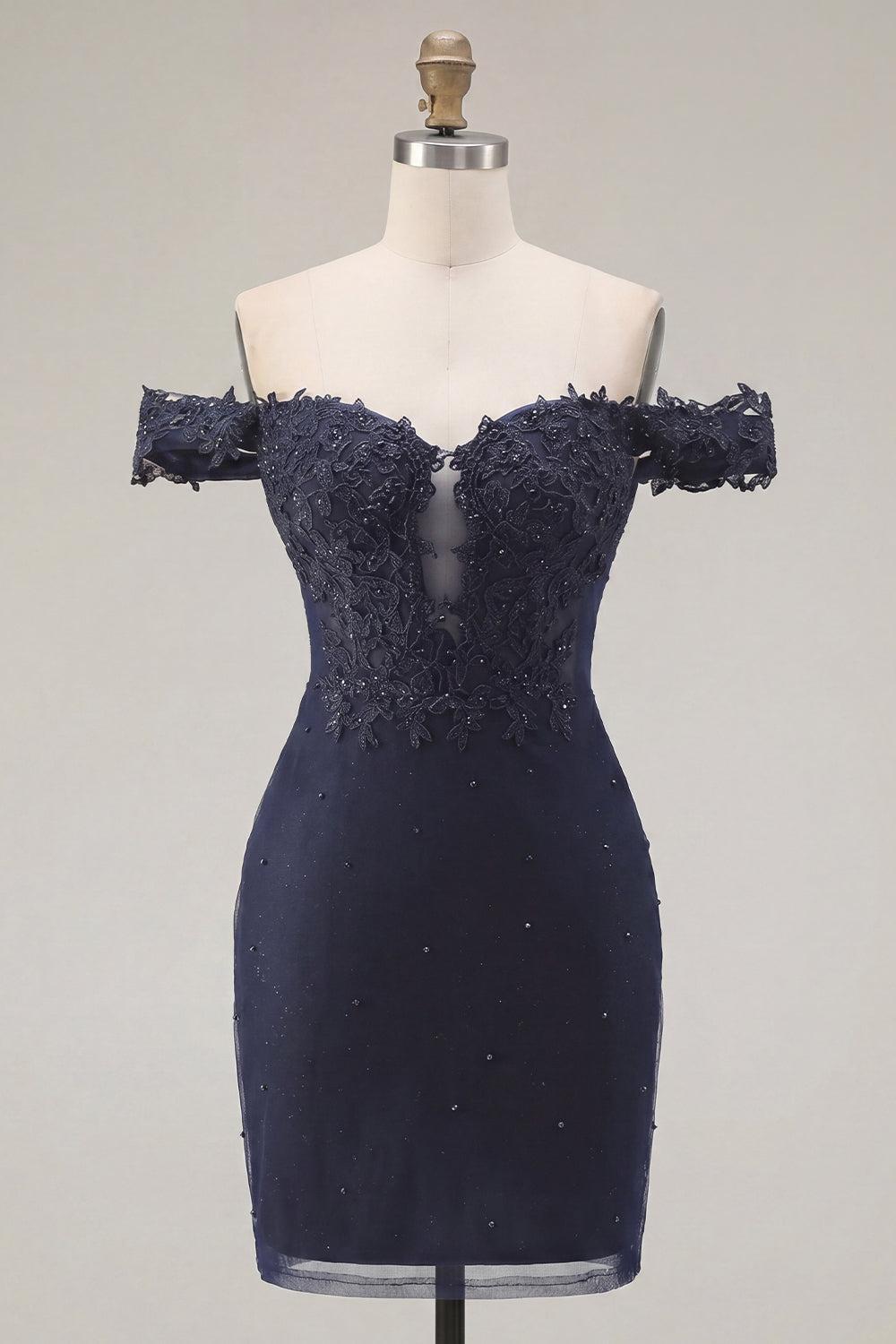 Sparkly Navy Off-the-Shoulder Beaded Ruched Tight Short Homecoming Dress