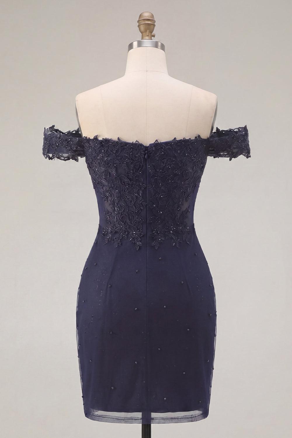 Sparkly Navy Off-the-Shoulder Beaded Ruched Tight Short Homecoming Dress