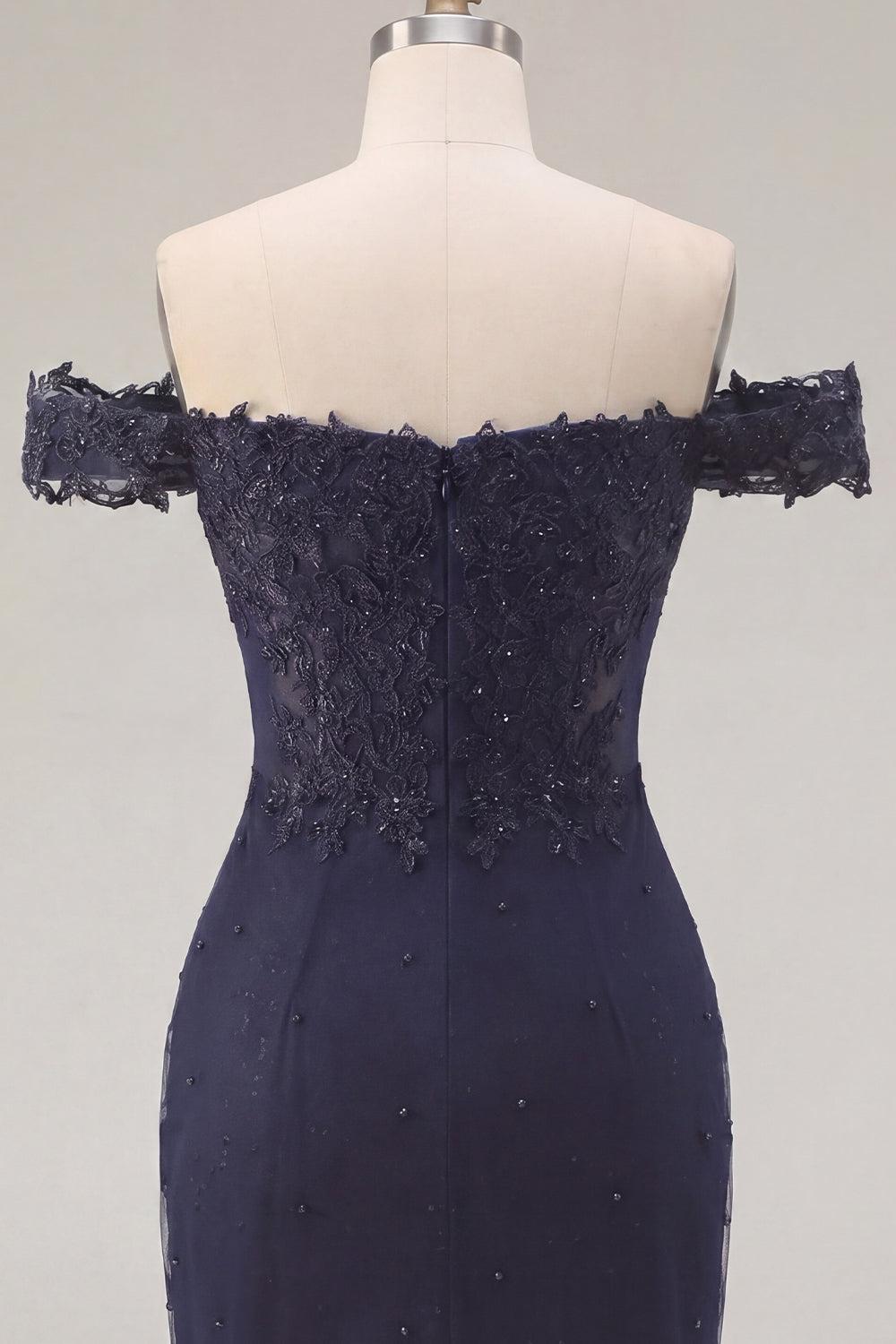 Sparkly Navy Off-the-Shoulder Beaded Ruched Tight Short Homecoming Dress