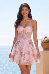 Sparkly Pink A Line Short Beaded Corset Strapless Floral Homecoming Dress