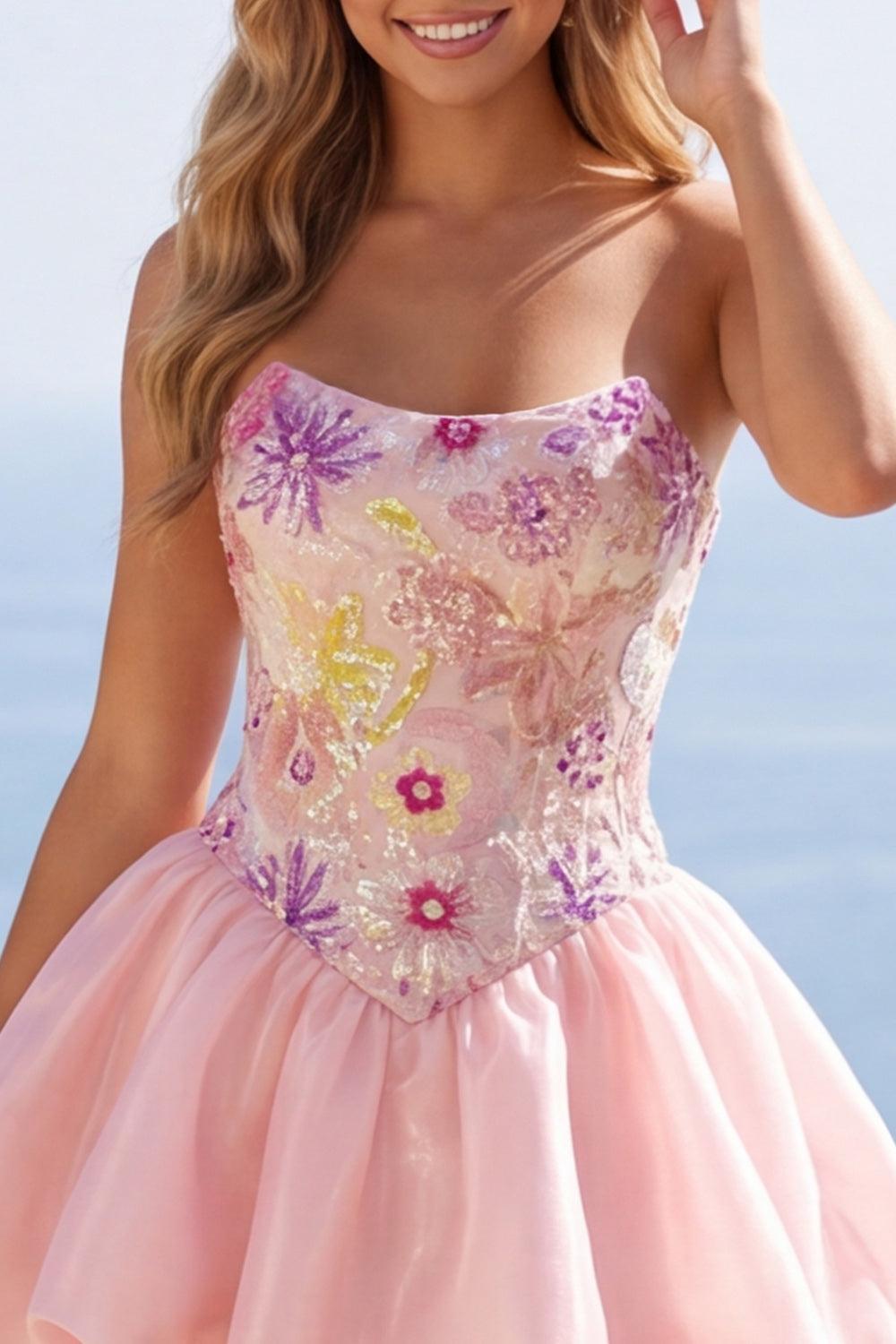 Sparkly Pink A Line Strapless Beaded Floral Short Homecoming Dress