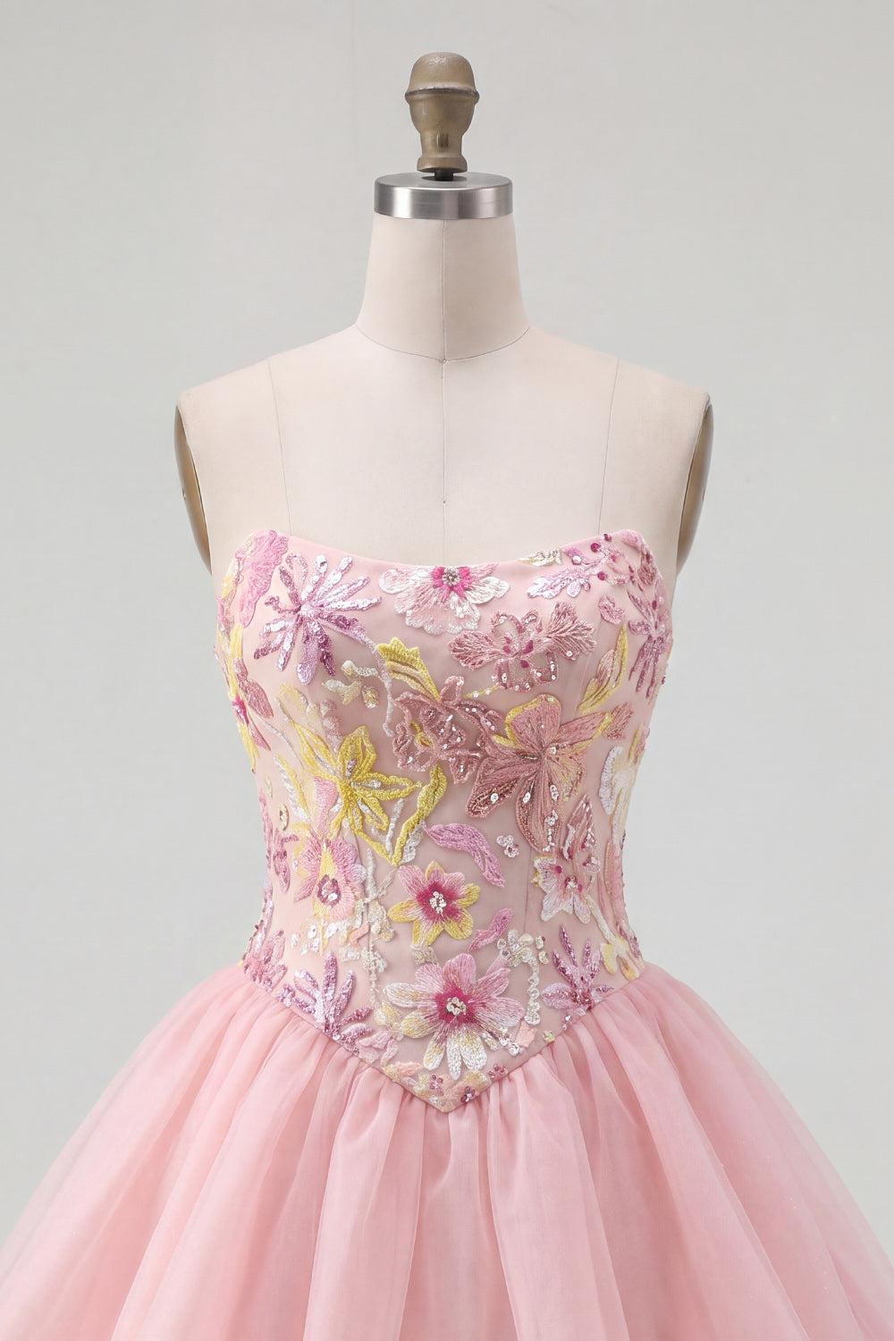 Sparkly Pink A Line Strapless Beaded Floral Short Homecoming Dress