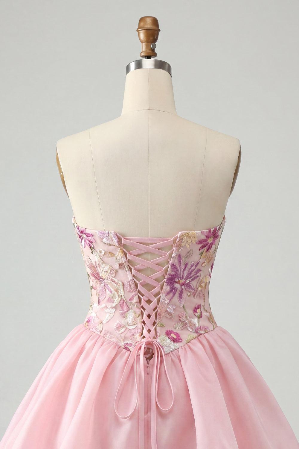 Sparkly Pink A Line Strapless Beaded Floral Short Homecoming Dress