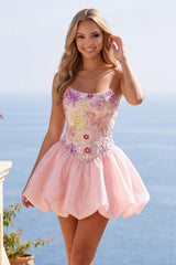 Sparkly Pink A Line Strapless Beaded Floral Short Homecoming Dress