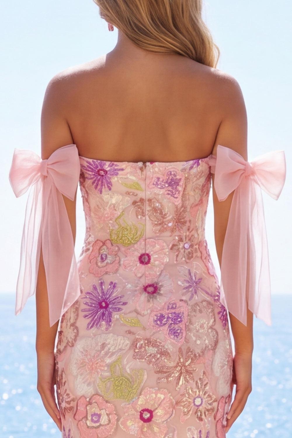 Sparkly Pink Beaded Strapless Floral Tight Short Homecoming Dress with Bows