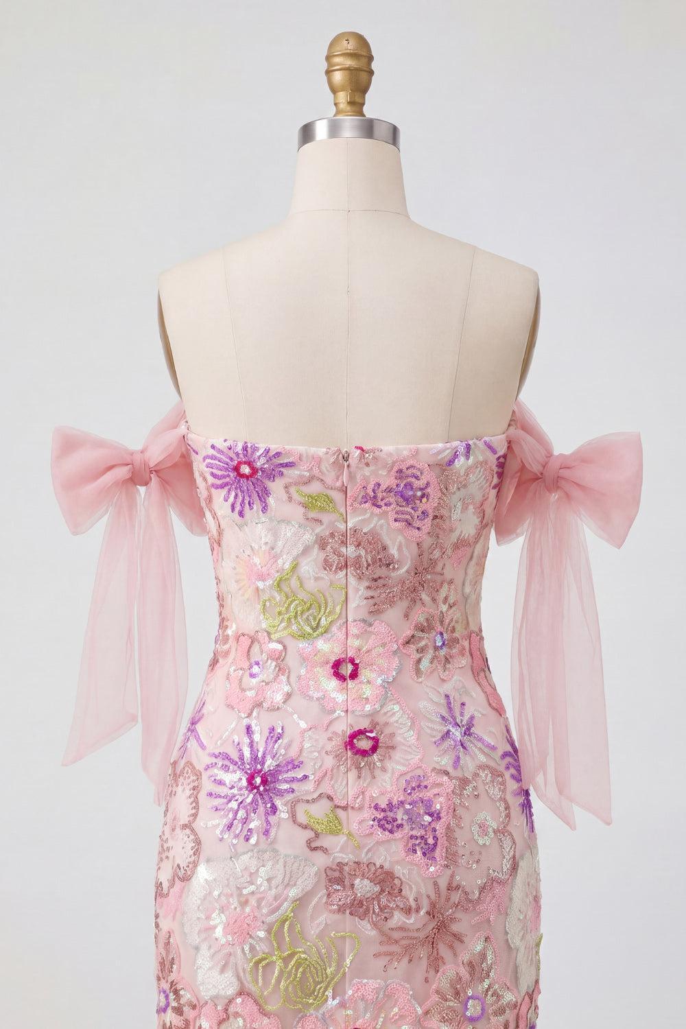 Sparkly Pink Beaded Strapless Floral Tight Short Homecoming Dress with Bows