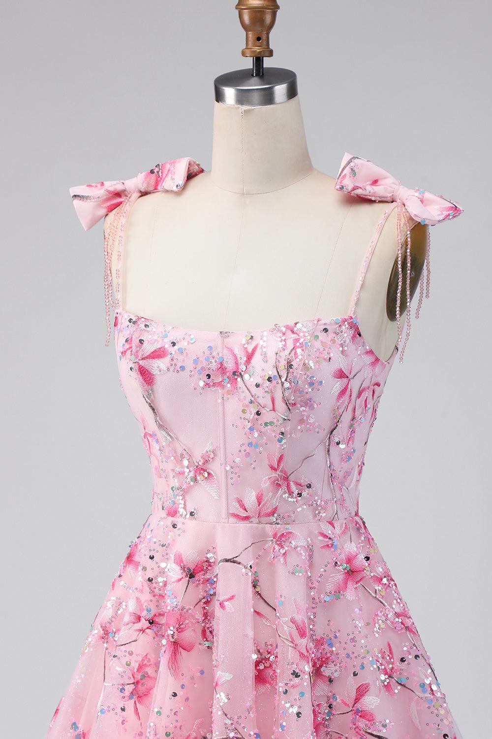 Sparkly Pink Floral A Line Short Beaded Homecoming Dress with Bows