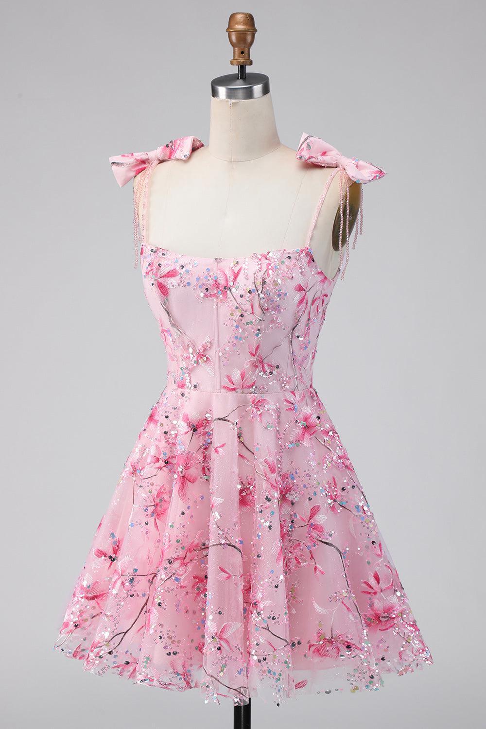 Sparkly Pink Floral A Line Short Beaded Homecoming Dress with Bows