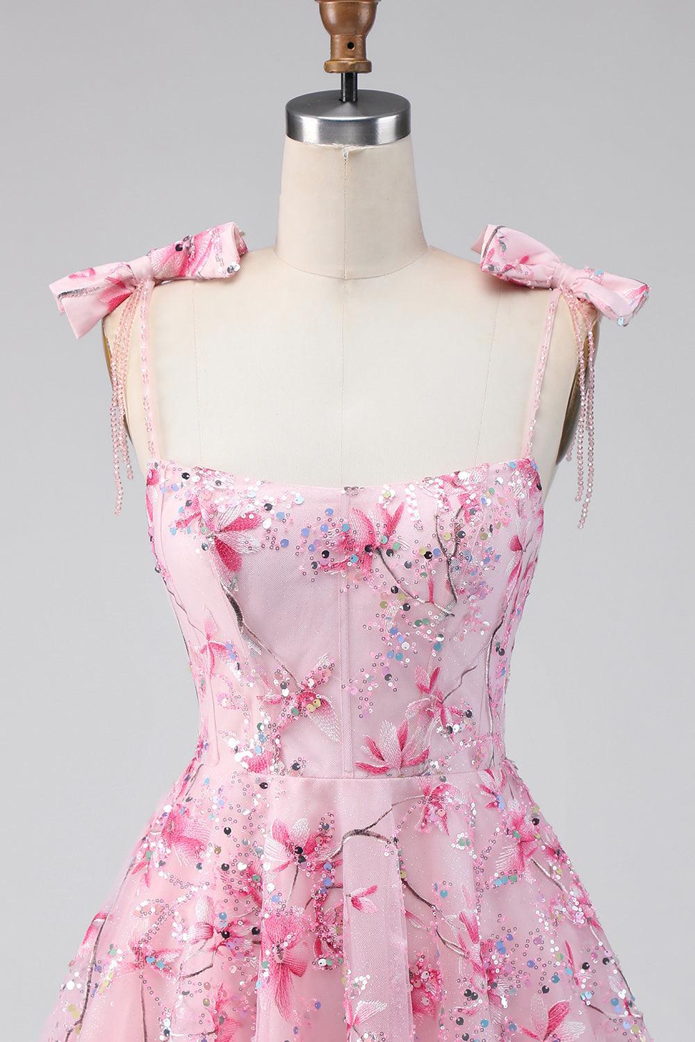 Sparkly Pink Floral A Line Short Beaded Homecoming Dress with Bows