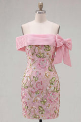 Sparkly Pink Floral Beaded Tight Short Homecoming Dress with Bow