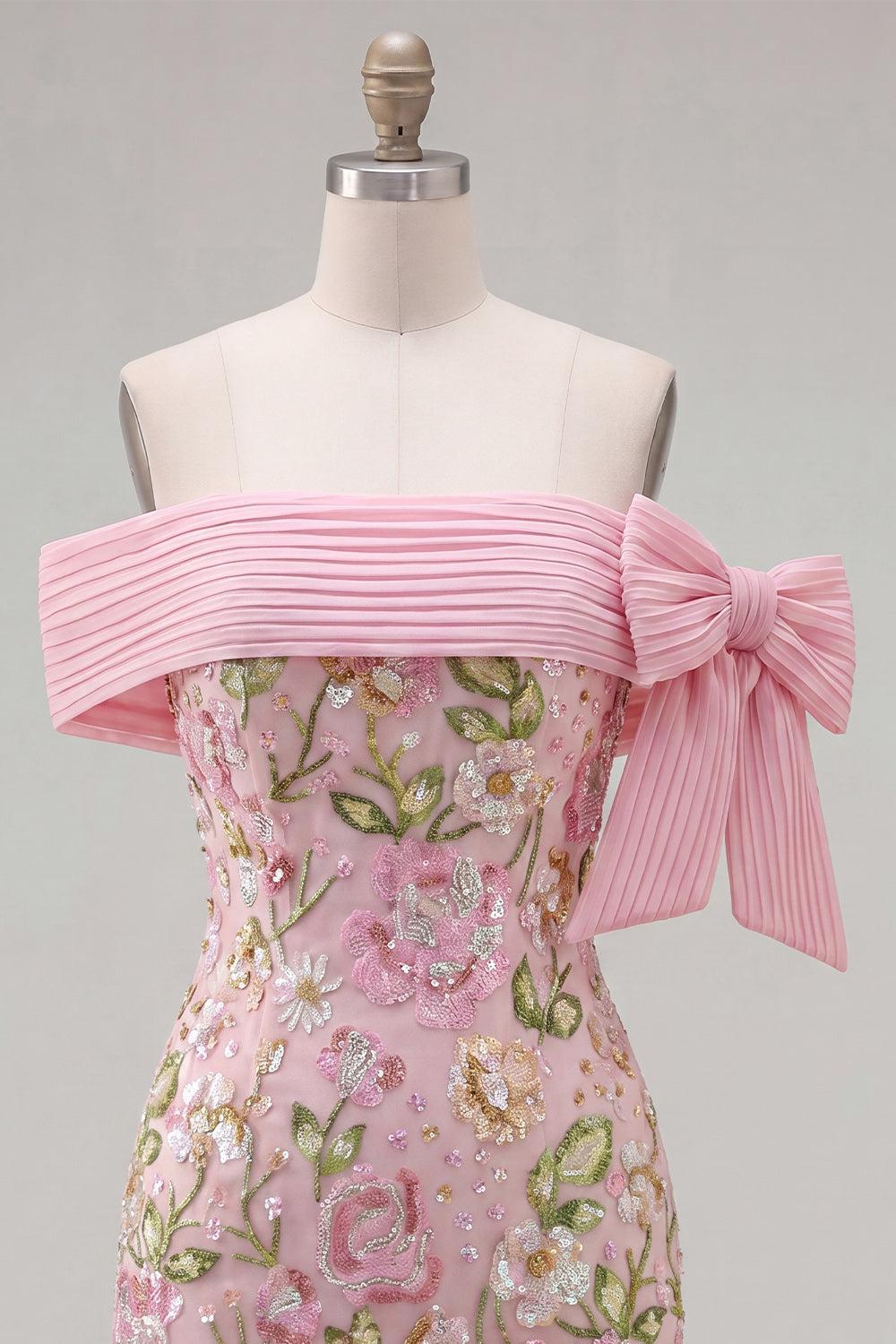 Sparkly Pink Floral Beaded Tight Short Homecoming Dress with Bow