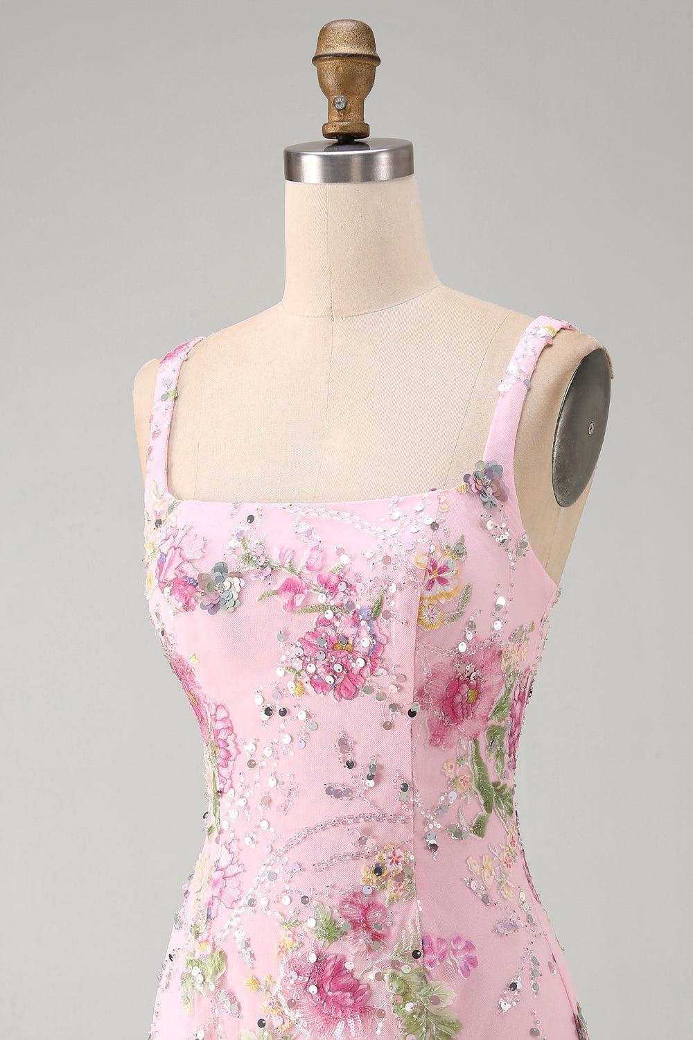 Sparkly Pink Floral Beaded Tight Short Homecoming Dress with Ruffles