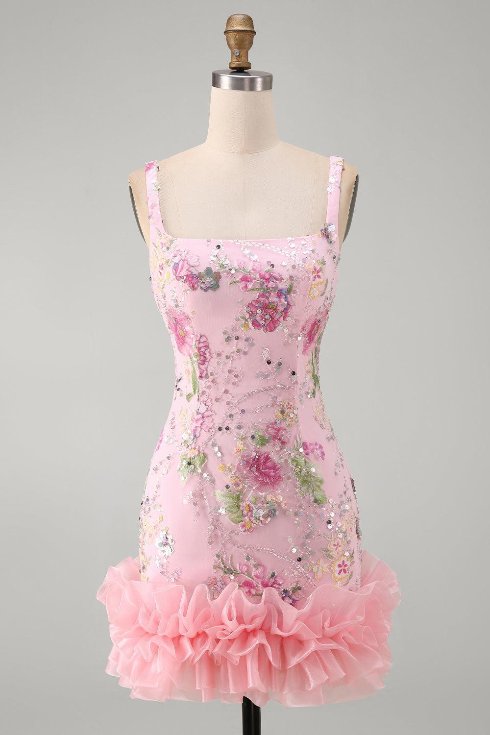 Sparkly Pink Floral Beaded Tight Short Homecoming Dress with Ruffles