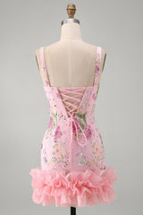 Sparkly Pink Floral Beaded Tight Short Homecoming Dress with Ruffles