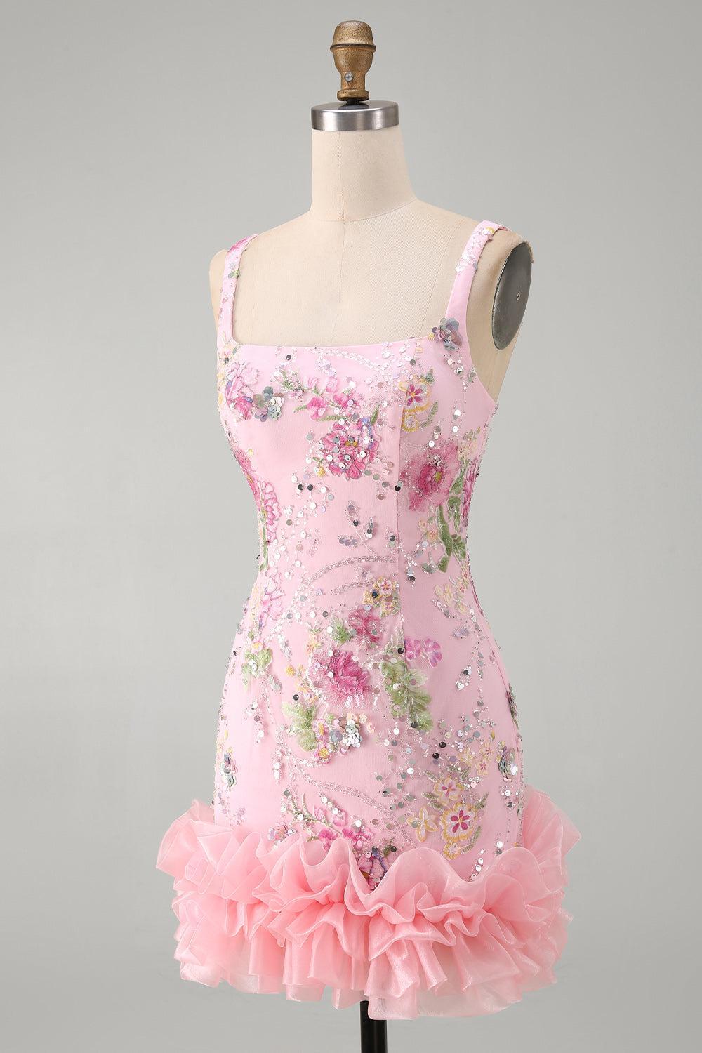 Sparkly Pink Floral Beaded Tight Short Homecoming Dress with Ruffles