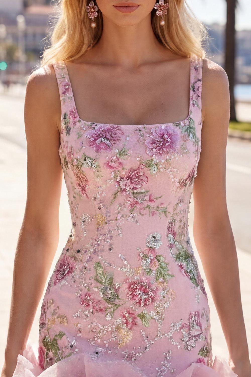 Sparkly Pink Floral Beaded Tight Short Homecoming Dress with Ruffles