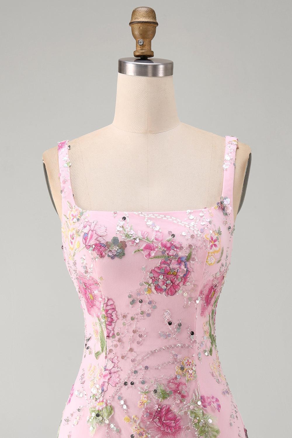 Sparkly Pink Floral Beaded Tight Short Homecoming Dress with Ruffles