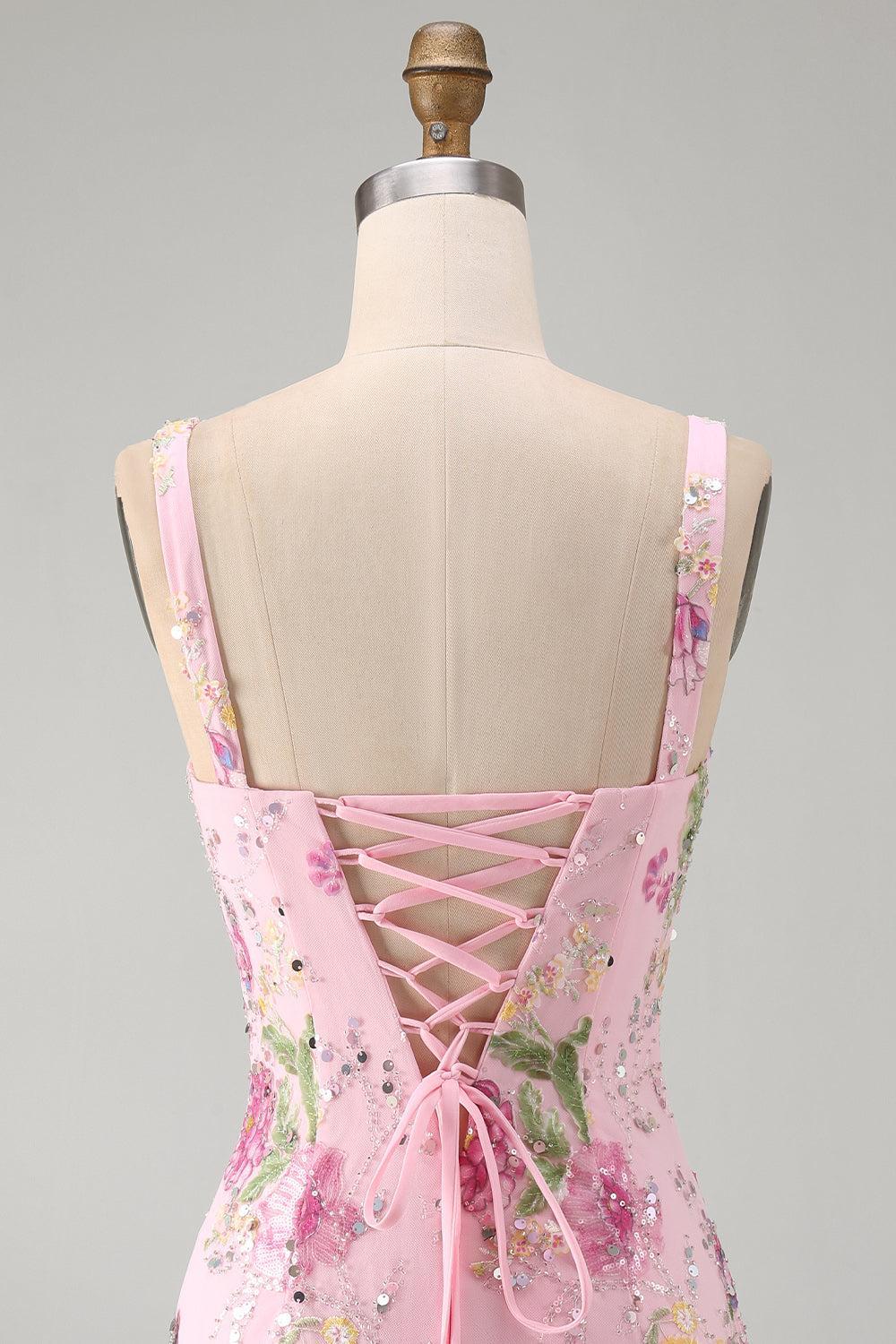 Sparkly Pink Floral Beaded Tight Short Homecoming Dress with Ruffles