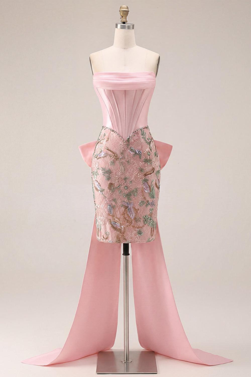 Sparkly Pink Floral Corset Beaded Tight Short Homecoming Dress with Bow