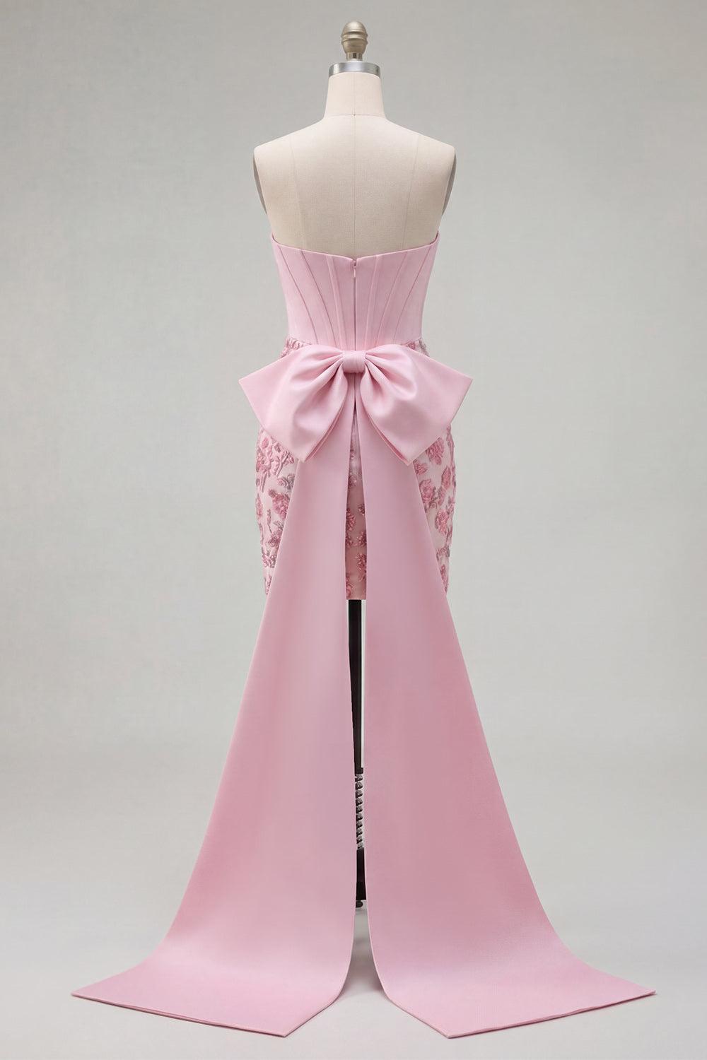 Sparkly Pink Floral Corset Beaded Tight Short Homecoming Dress with Bow