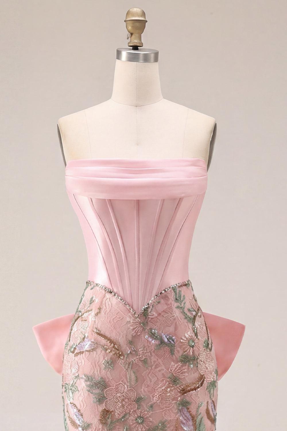 Sparkly Pink Floral Corset Beaded Tight Short Homecoming Dress with Bow