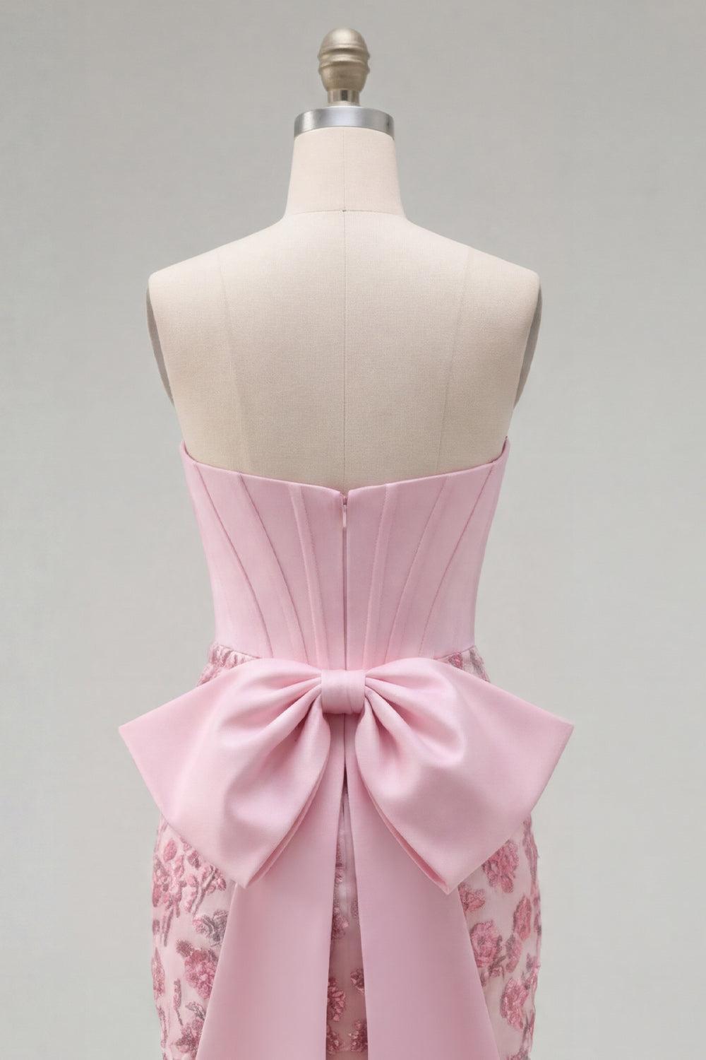 Sparkly Pink Floral Corset Beaded Tight Short Homecoming Dress with Bow