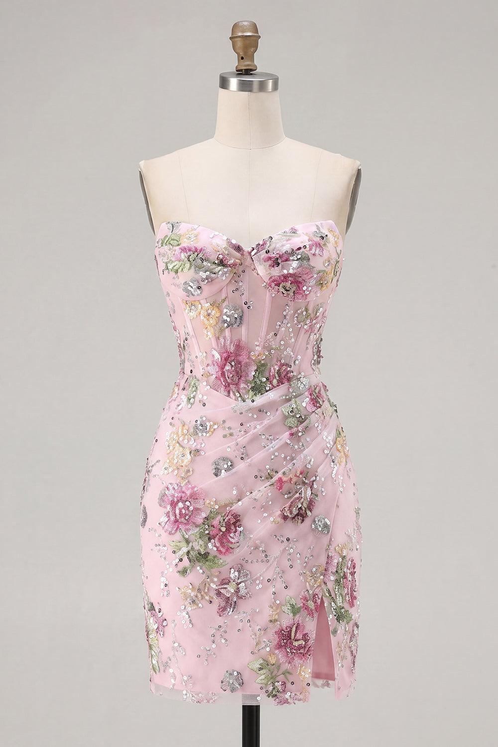 Sparkly Pink Floral Corset Tight Short Ruched Beaded Homecoming Dress with Slit