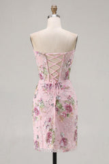 Sparkly Pink Floral Corset Tight Short Ruched Beaded Homecoming Dress with Slit