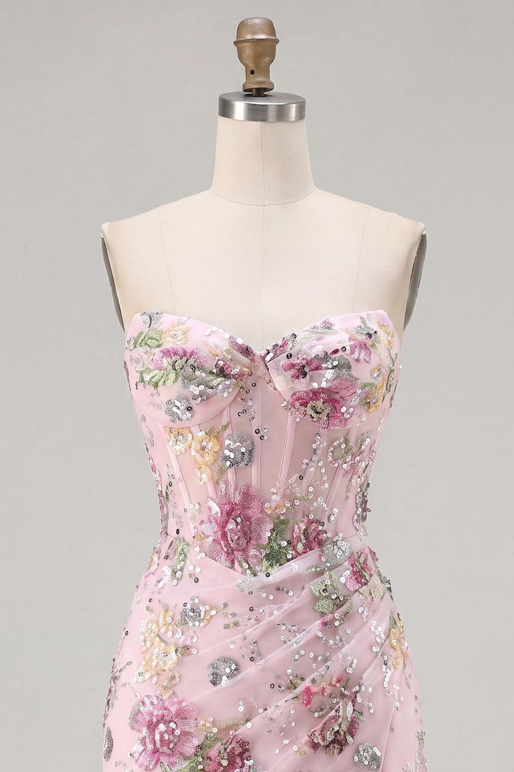 Sparkly Pink Floral Corset Tight Short Ruched Beaded Homecoming Dress with Slit