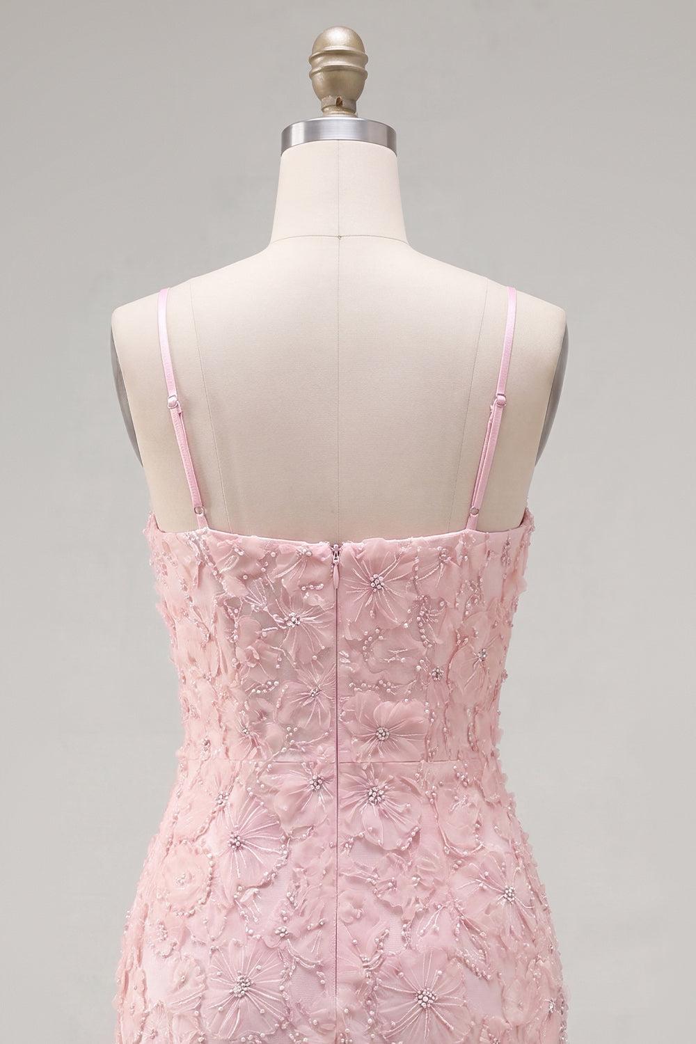 Sparkly Pink Floral Short Spaghetti Straps Tight Homecoming Dress with Pearls