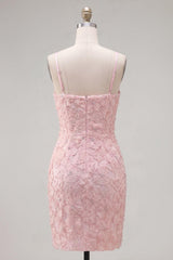 Sparkly Pink Floral Short Spaghetti Straps Tight Homecoming Dress with Pearls