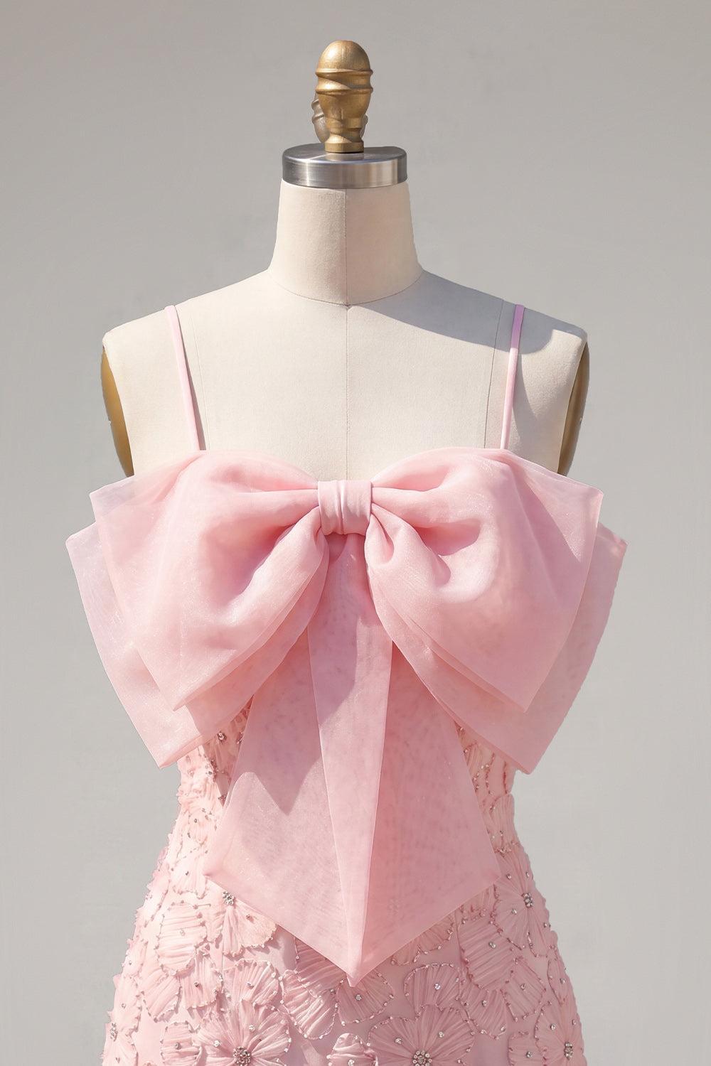 Sparkly Pink Floral Short Spaghetti Straps Tight Homecoming Dress with Pearls