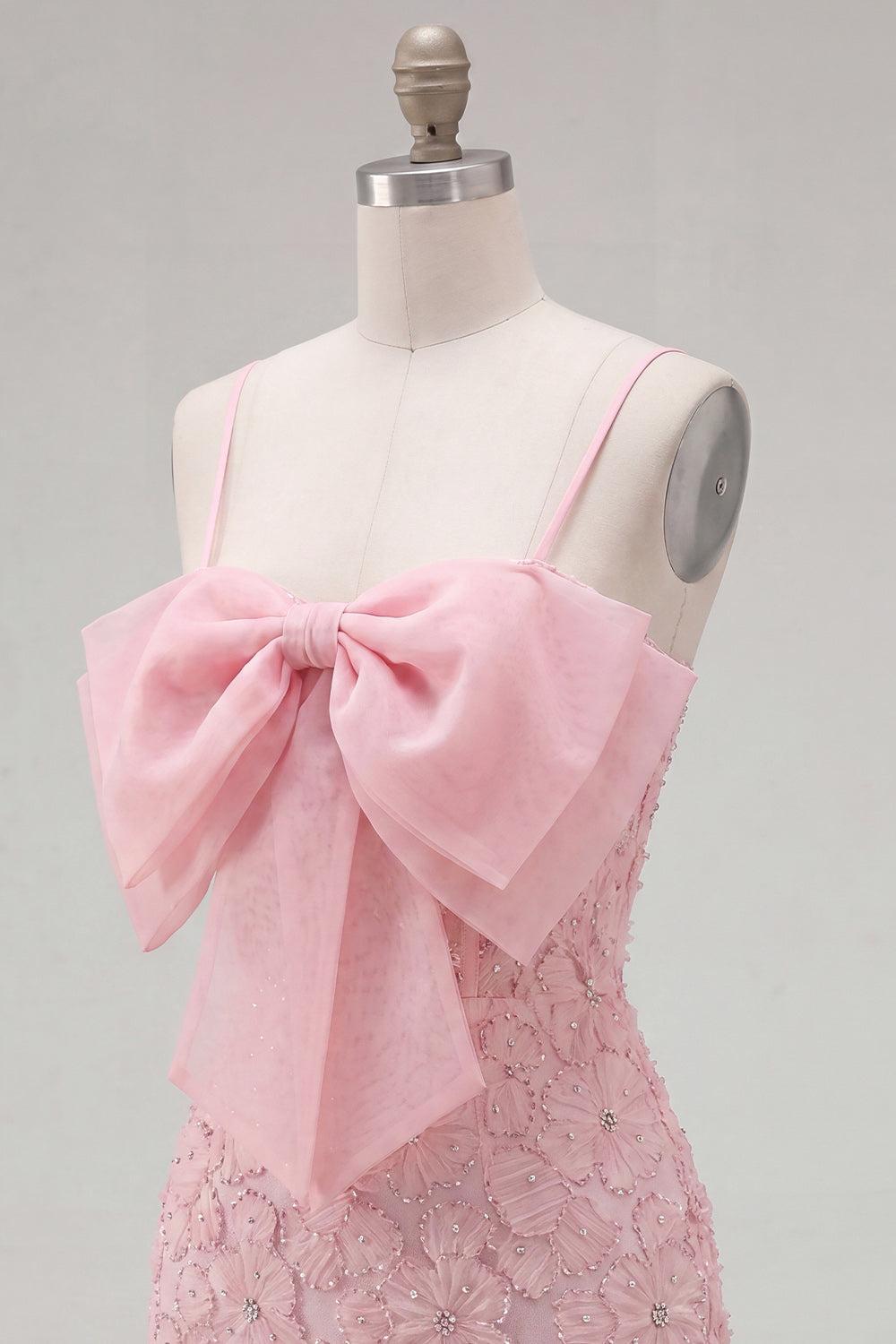 Sparkly Pink Floral Short Spaghetti Straps Tight Homecoming Dress with Pearls