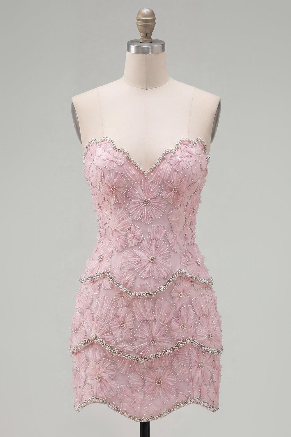 Sparkly Pink Floral Strapless Tight Short Homecoming Dress with Pearls