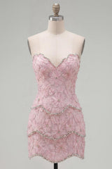 Sparkly Pink Floral Strapless Tight Short Homecoming Dress with Pearls