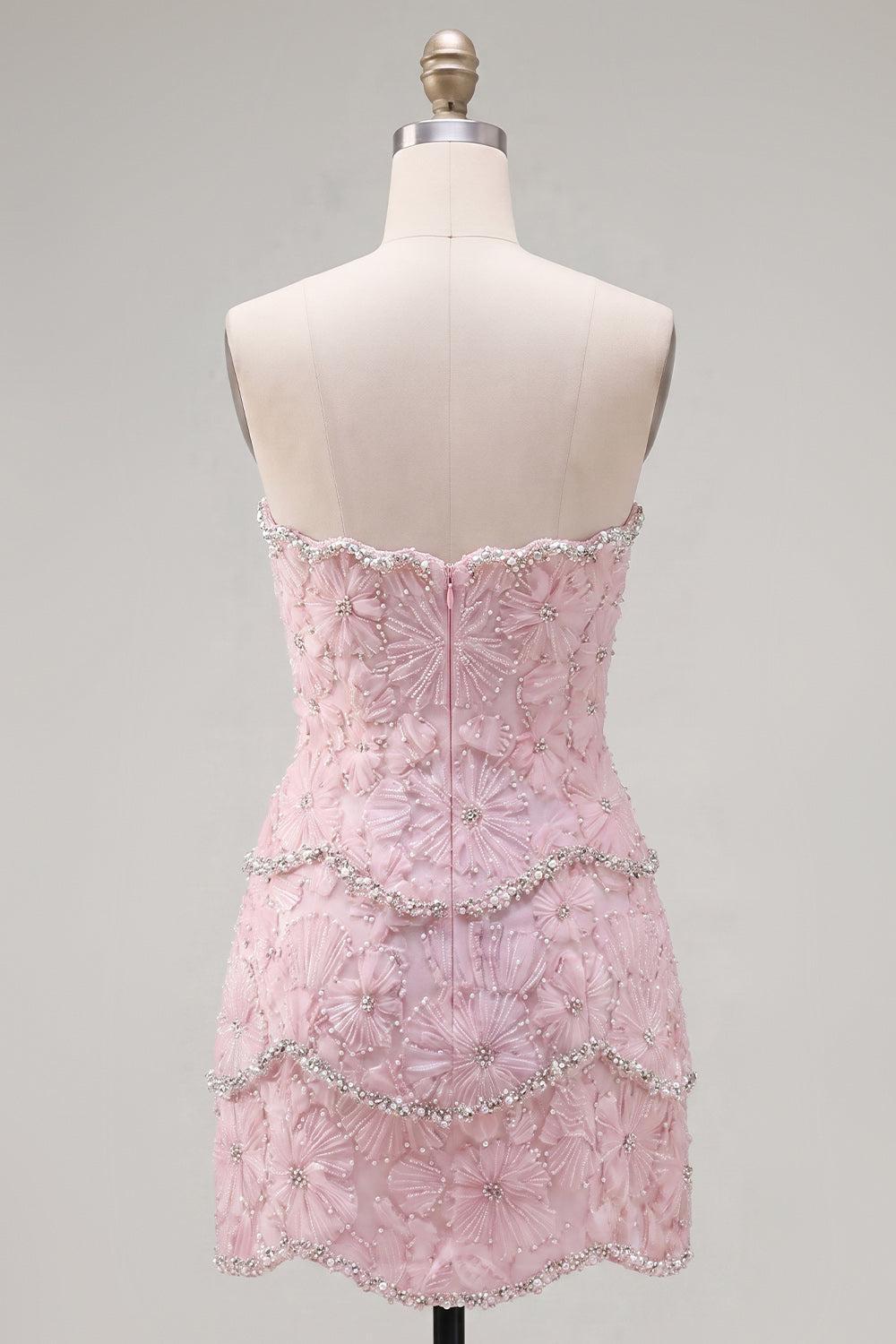 Sparkly Pink Floral Strapless Tight Short Homecoming Dress with Pearls