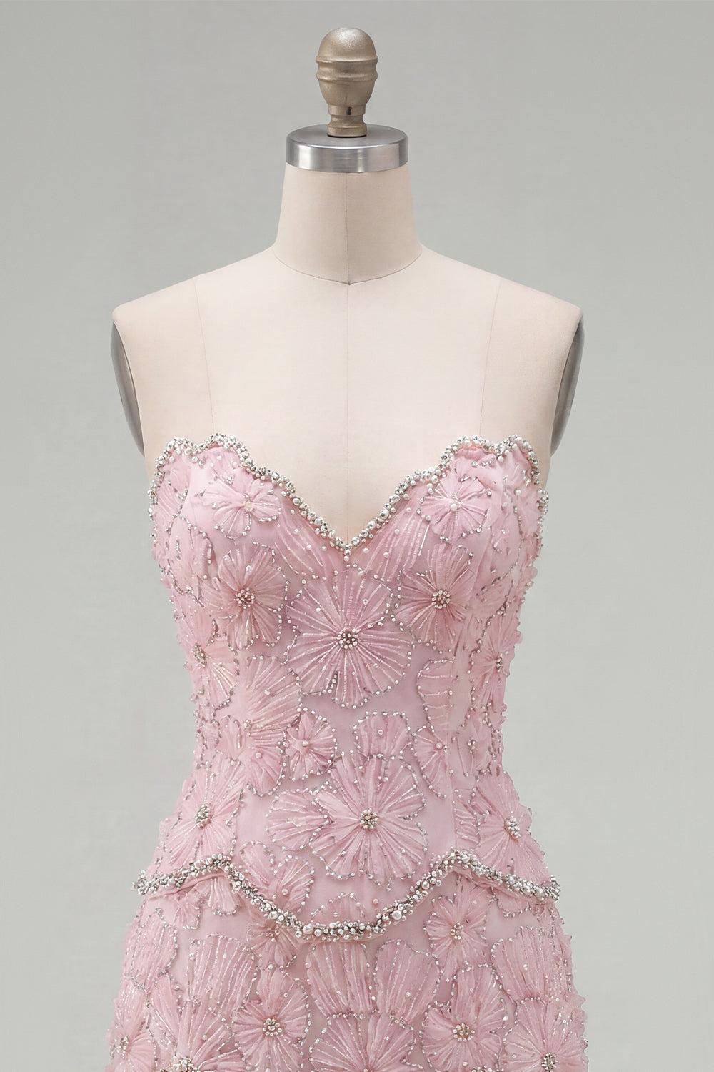 Sparkly Pink Floral Strapless Tight Short Homecoming Dress with Pearls