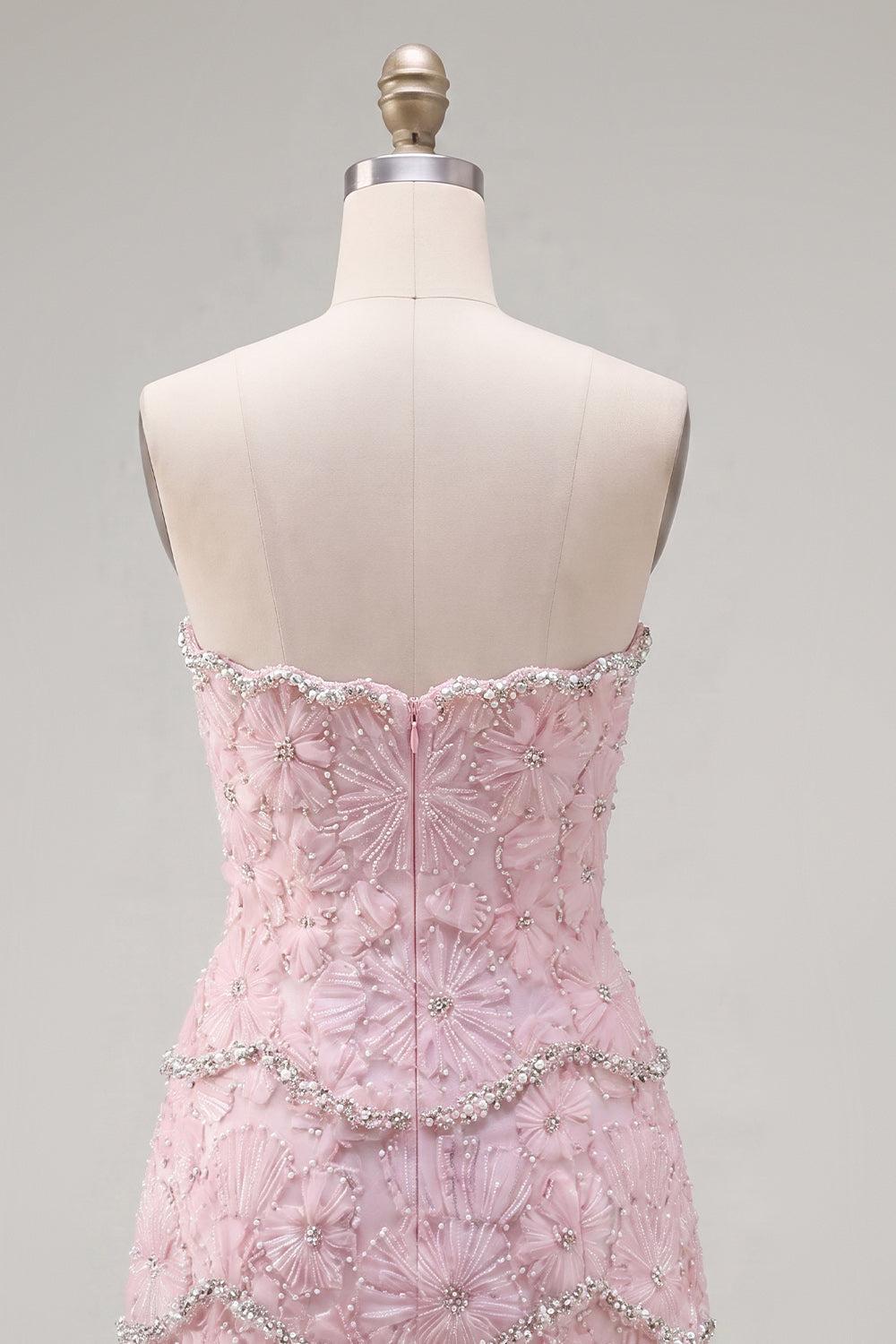 Sparkly Pink Floral Strapless Tight Short Homecoming Dress with Pearls